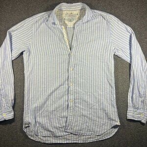 VTG 100% Linen Shirt Mens Size M Blue Stripe Custom‎ Fit Button Up Long Sleeve